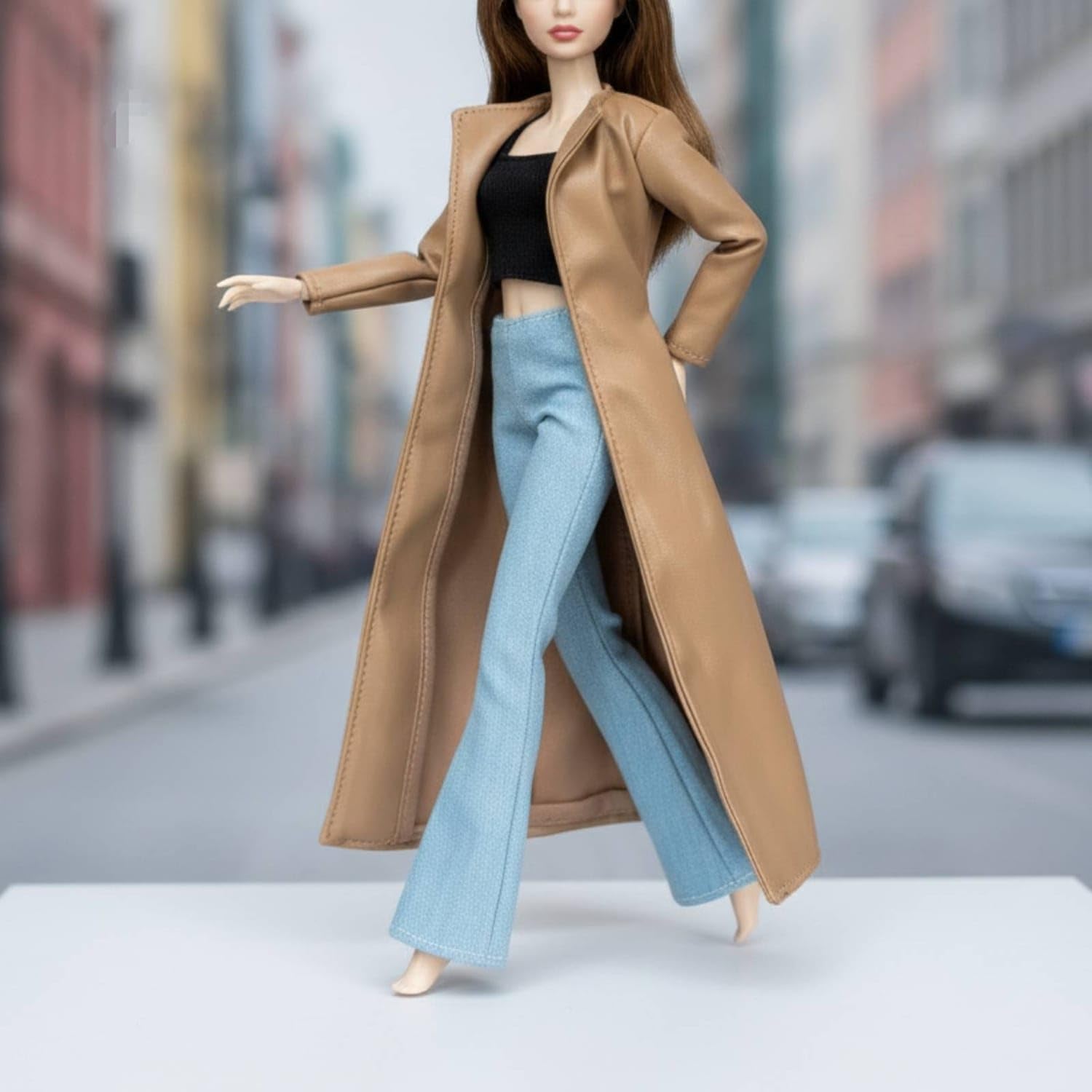 Faux-Leather Doll Coat with Pants Flared Doll Jacket and Pants Set